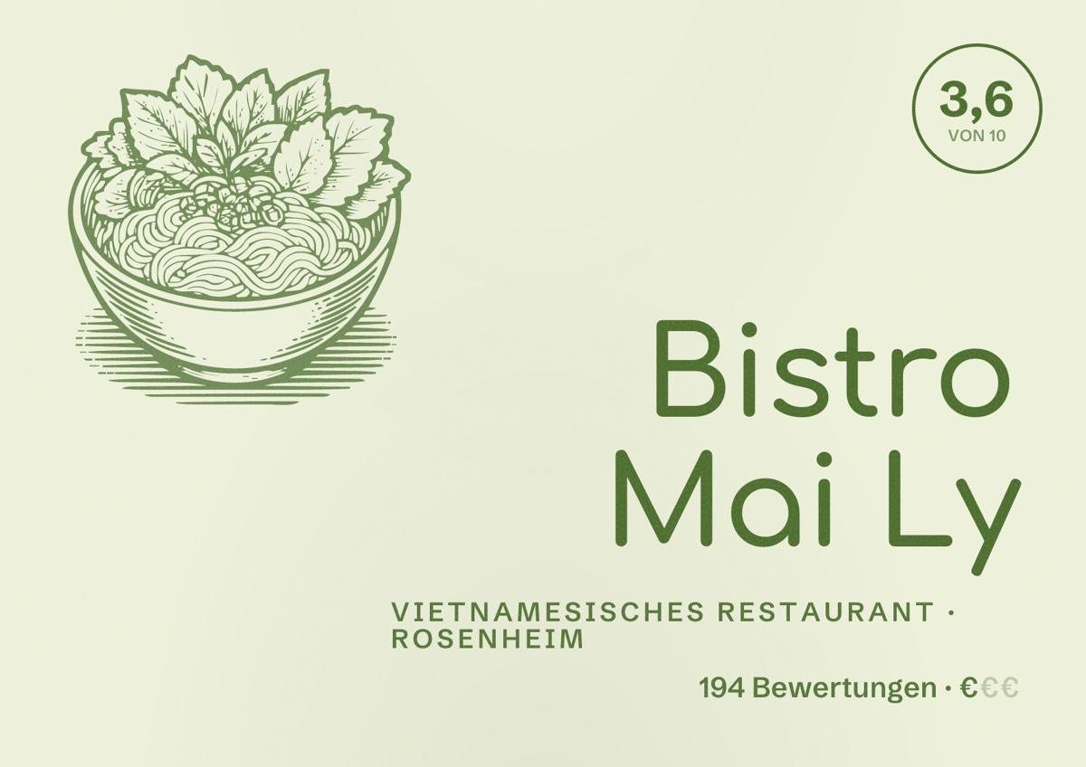 Illustriertes Poster von Bistro Mai Ly, Vietnamesisches Restaurant in Rosenheim: Bewertung 3,6 von 10 aus 194 Bewertungen, Preisniveau €