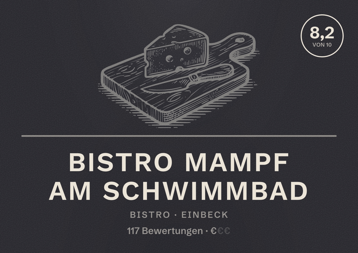 Illustriertes Poster von Bistro Mampf Am Schwimmbad, Bistro in Einbeck: Bewertung 8,2 von 10 aus 117 Bewertungen, Preisniveau €