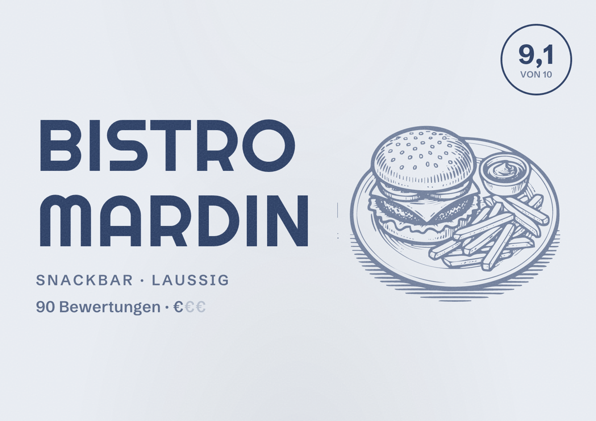 Illustriertes Poster von Bistro Mardin, Snackbar in Laußig: Bewertung 9,1 von 10 aus 90 Bewertungen, Preisniveau €