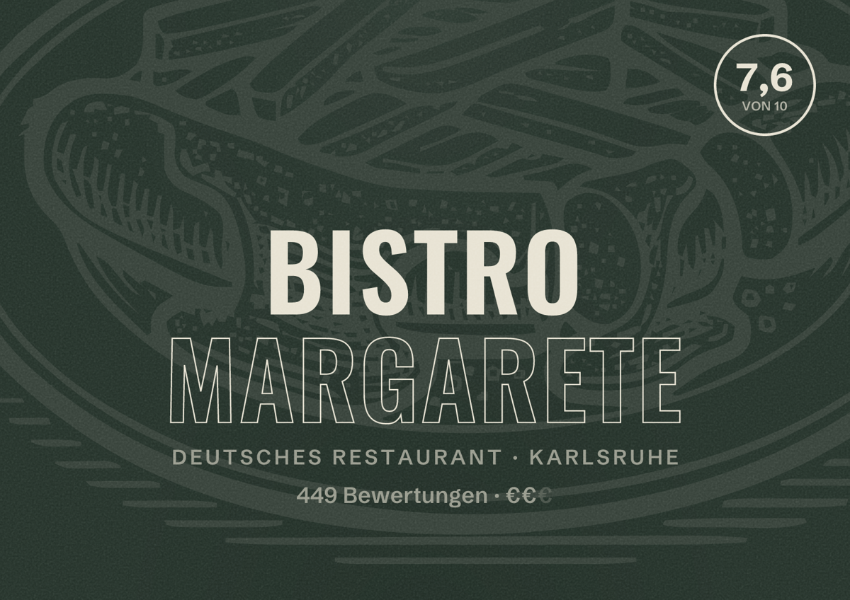 Illustriertes Poster von Bistro Margarete, Deutsches Restaurant in Karlsruhe: Bewertung 7,6 von 10 aus 449 Bewertungen, Preisniveau €€