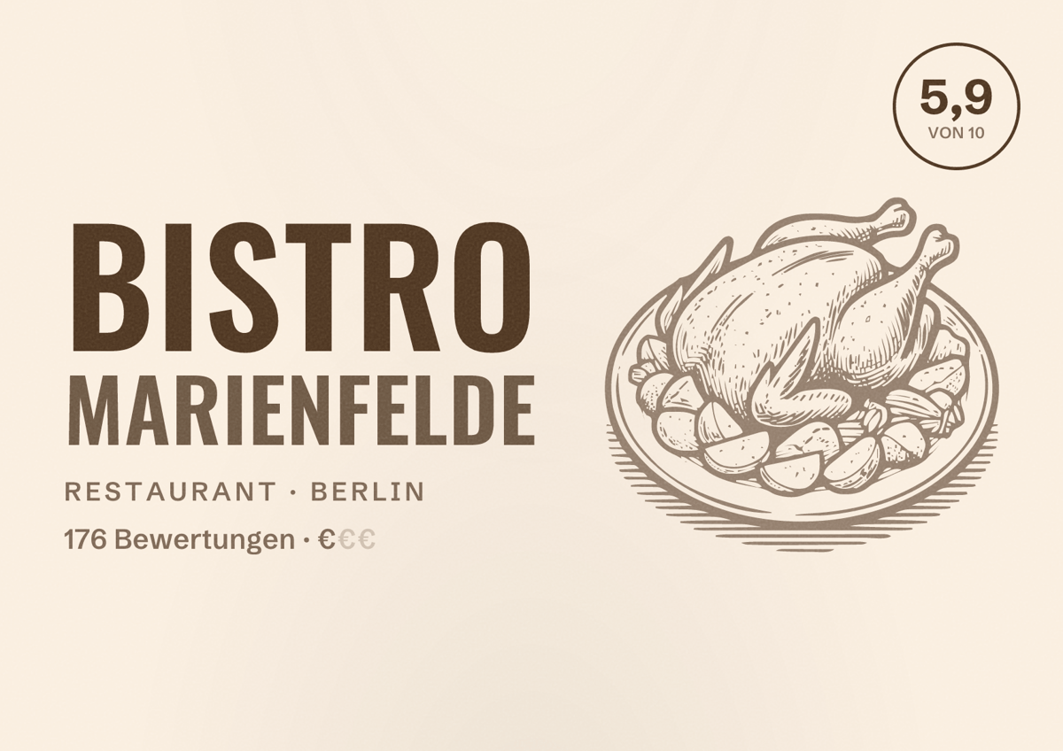 Illustriertes Poster von Bistro Marienfelde, Restaurant in Berlin: Bewertung 5,9 von 10 aus 176 Bewertungen, Preisniveau €