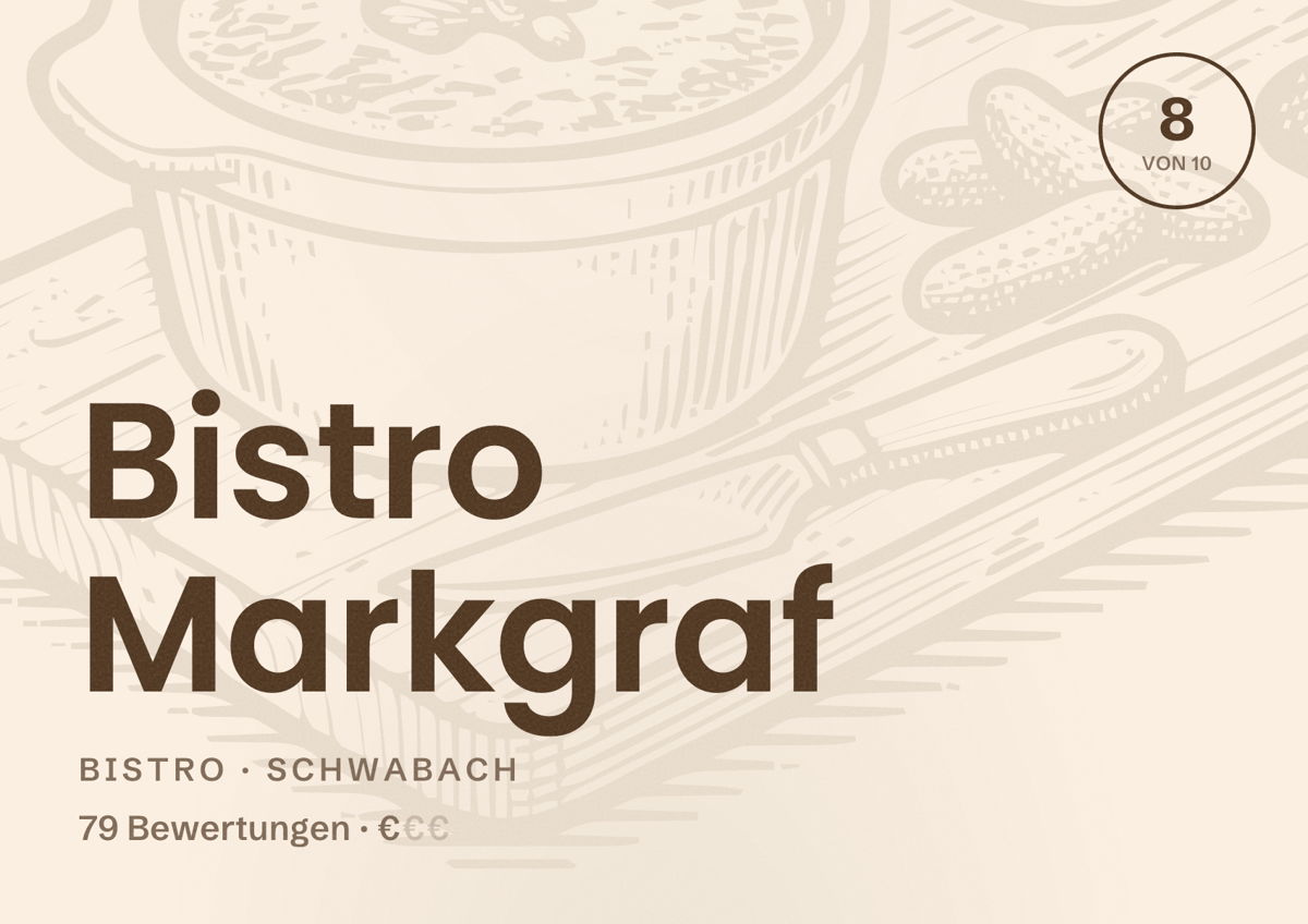 Illustriertes Poster von Bistro Markgraf, Bistro in Schwabach: Bewertung 8 von 10 aus 79 Bewertungen, Preisniveau €