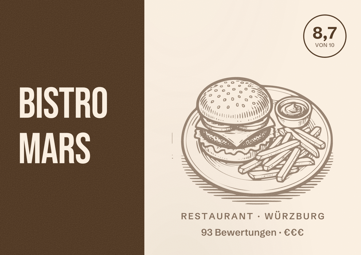 Illustriertes Poster von Bistro Mars, Restaurant in Würzburg: Bewertung 8,7 von 10 aus 93 Bewertungen, Preisniveau €€€