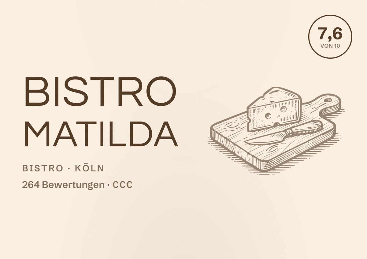 Illustriertes Poster von Bistro Matilda, Bistro in Köln: Bewertung 7,6 von 10 aus 264 Bewertungen, Preisniveau €€€