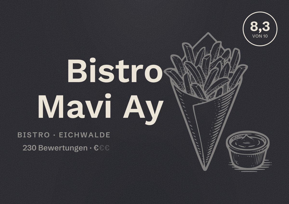 Illustriertes Poster von Bistro Mavi Ay, Bistro in Eichwalde: Bewertung 8,3 von 10 aus 230 Bewertungen, Preisniveau €