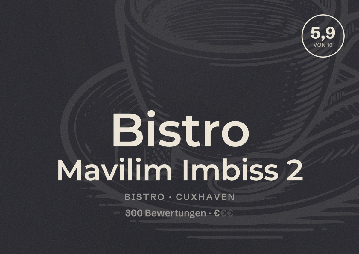 Illustriertes Poster von Bistro Mavilim Imbiss 2, Bistro in Cuxhaven: Bewertung 5,9 von 10 aus 300 Bewertungen, Preisniveau €