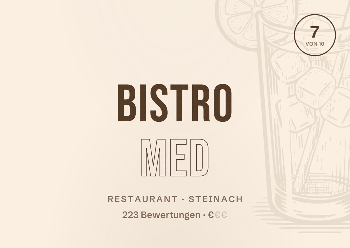 Illustriertes Poster von Bistro MED, Restaurant in Steinach: Bewertung 7 von 10 aus 223 Bewertungen, Preisniveau €