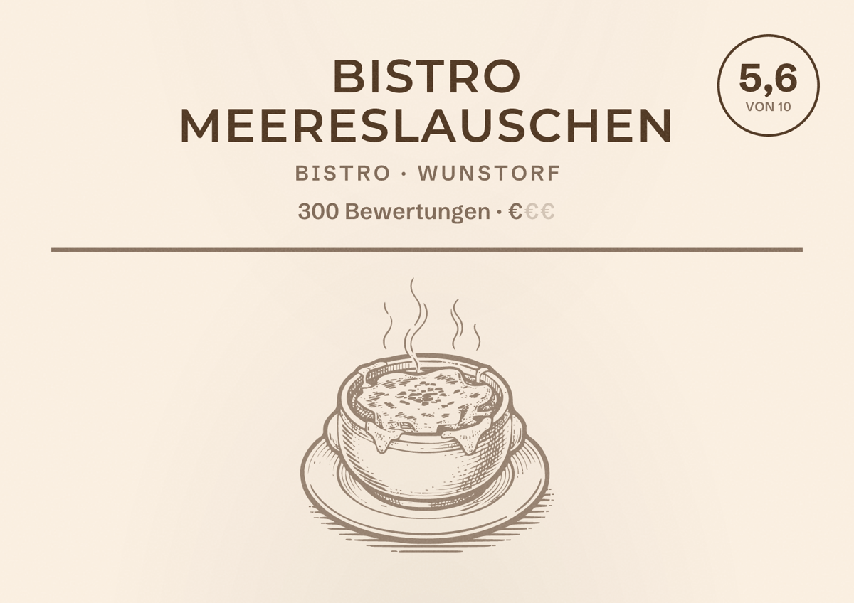 Illustriertes Poster von Bistro Meereslauschen, Bistro in Wunstorf: Bewertung 5,6 von 10 aus 300 Bewertungen, Preisniveau €