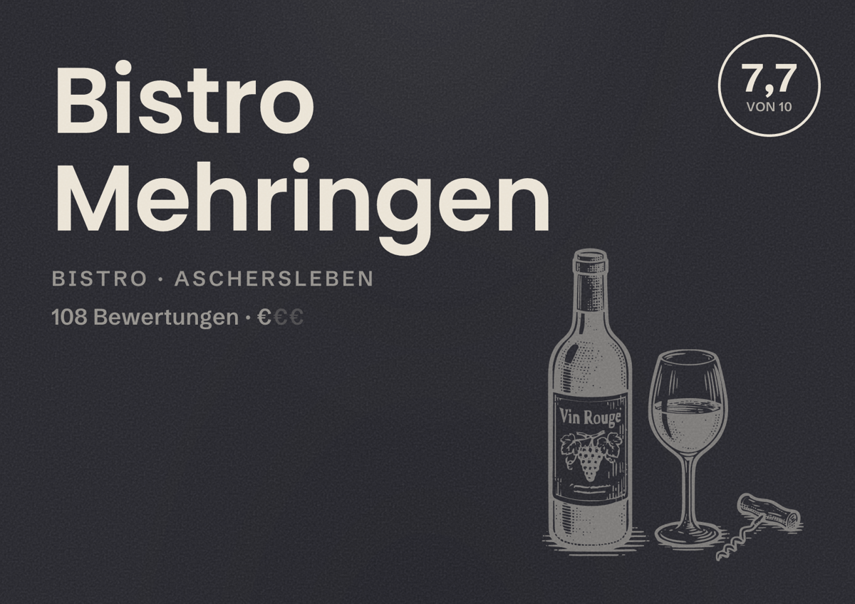 Illustriertes Poster von Bistro Mehringen, Bistro in Aschersleben: Bewertung 7,7 von 10 aus 108 Bewertungen, Preisniveau €