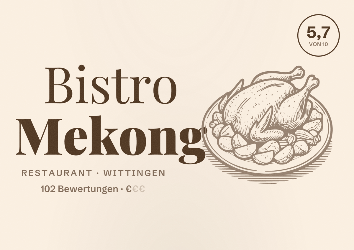Illustriertes Poster von Bistro Mekong, Restaurant in Wittingen: Bewertung 5,7 von 10 aus 102 Bewertungen, Preisniveau €