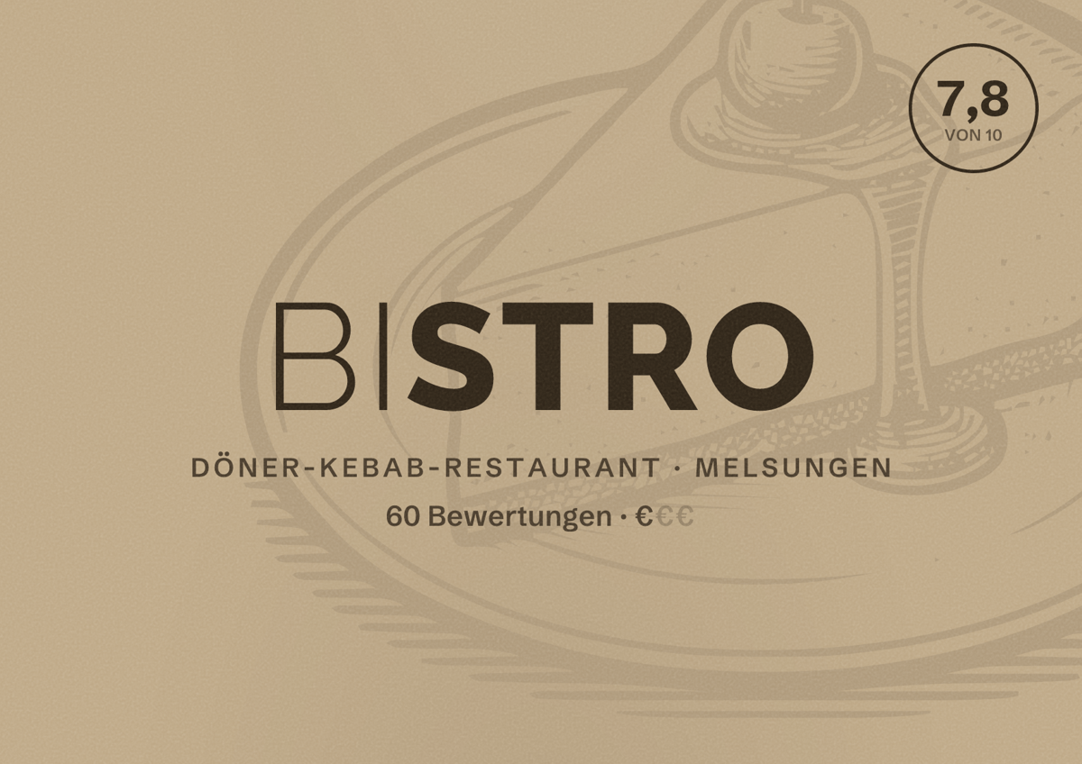 Illustriertes Poster von Bistro, Döner-Kebab-Restaurant in Melsungen: Bewertung 7,8 von 10 aus 60 Bewertungen, Preisniveau €