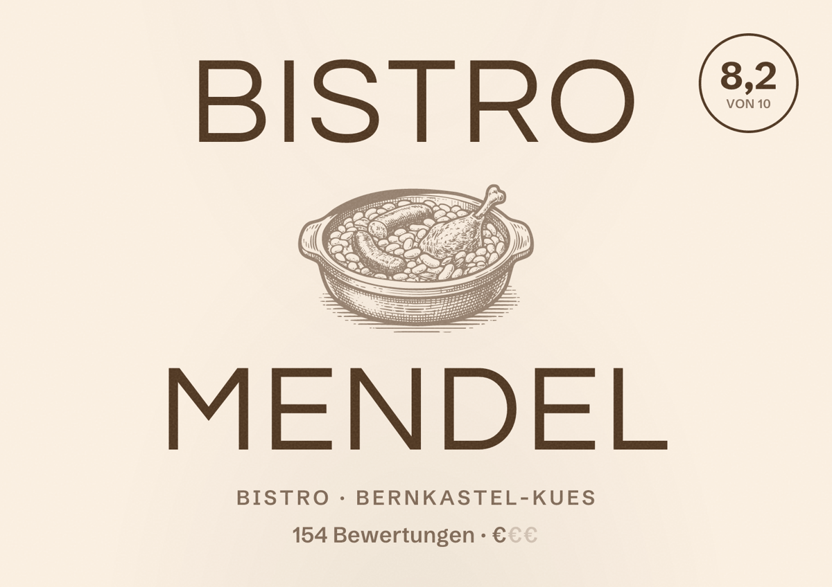 Illustriertes Poster von Bistro Mendel, Bistro in Bernkastel-Kues: Bewertung 8,2 von 10 aus 154 Bewertungen, Preisniveau €