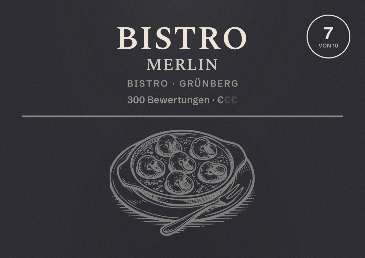 Illustriertes Poster von Bistro Merlin, Bistro in Grünberg: Bewertung 7 von 10 aus 300 Bewertungen, Preisniveau €