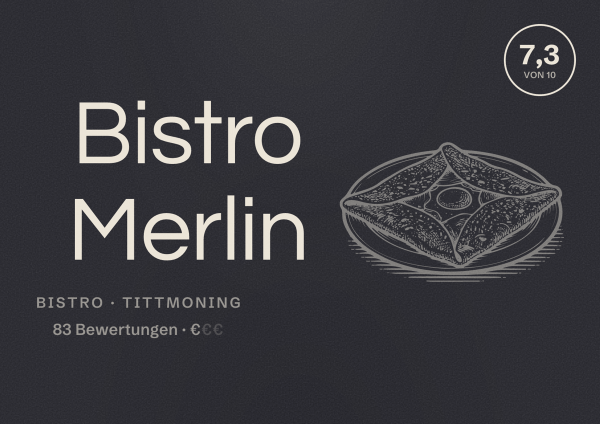 Illustriertes Poster von Bistro Merlin, Bistro in Tittmoning: Bewertung 7,3 von 10 aus 83 Bewertungen, Preisniveau €