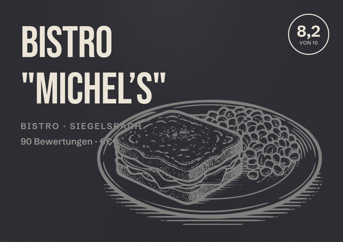 Illustriertes Poster von Bistro "Michel’s", Bistro in Siegelsbach: Bewertung 8,2 von 10 aus 90 Bewertungen, Preisniveau €€€