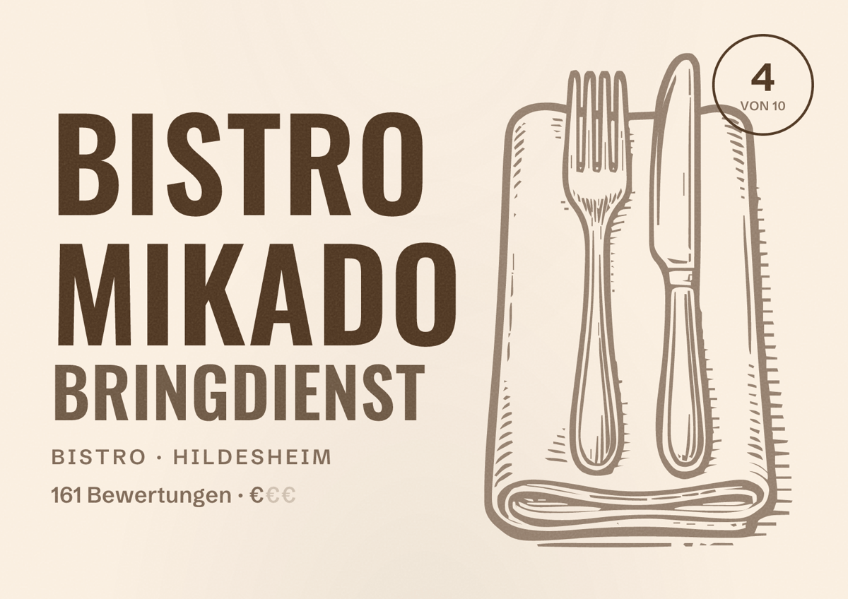 Illustriertes Poster von Bistro Mikado Bringdienst, Bistro in Hildesheim: Bewertung 4 von 10 aus 161 Bewertungen, Preisniveau €