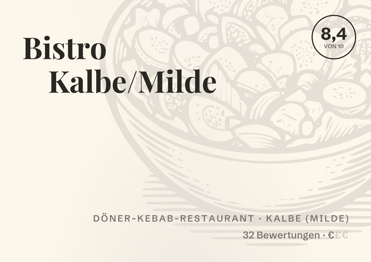 Illustriertes Poster von Bistro Kalbe/Milde, Döner-Kebab-Restaurant in Kalbe (Milde): Bewertung 8,4 von 10 aus 32 Bewertungen, Preisniveau €