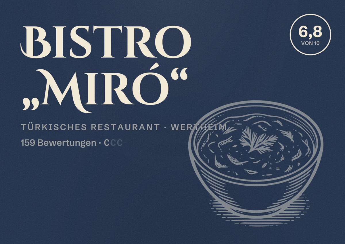Illustriertes Poster von Bistro „Miró“, Türkisches Restaurant in Wertheim: Bewertung 6,8 von 10 aus 159 Bewertungen, Preisniveau €