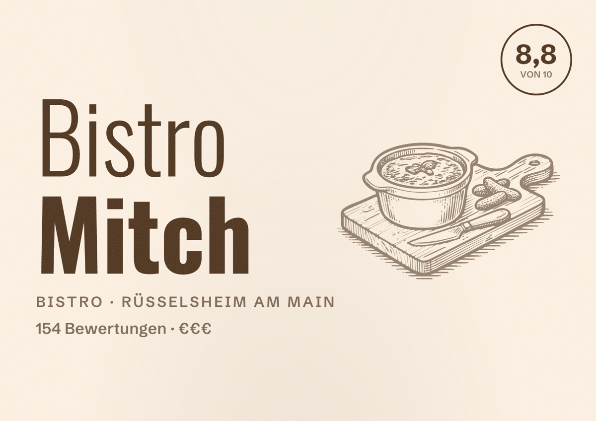 Illustriertes Poster von Bistro Mitch, Bistro in Rüsselsheim am Main: Bewertung 8,8 von 10 aus 154 Bewertungen, Preisniveau €€€