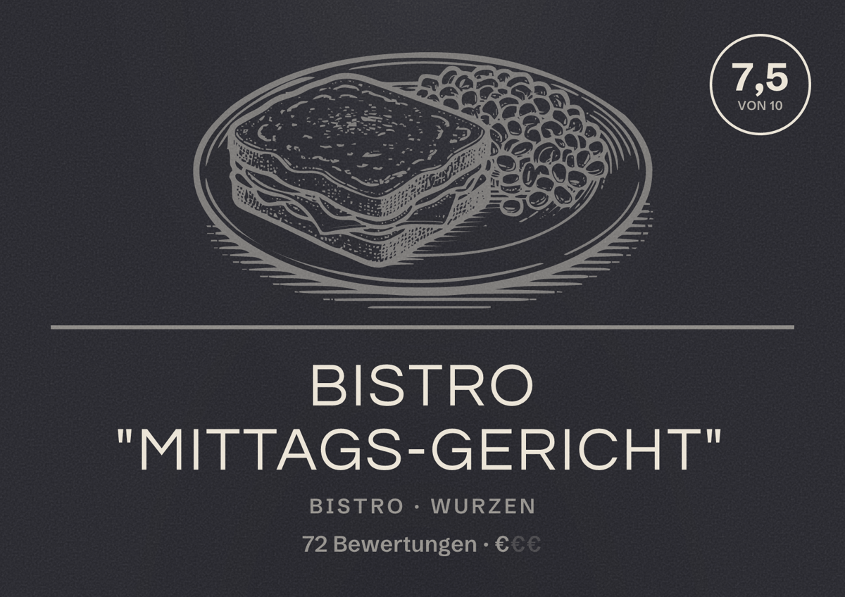 Illustriertes Poster von Bistro "Mittags-Gericht", Bistro in Wurzen: Bewertung 7,5 von 10 aus 72 Bewertungen, Preisniveau €