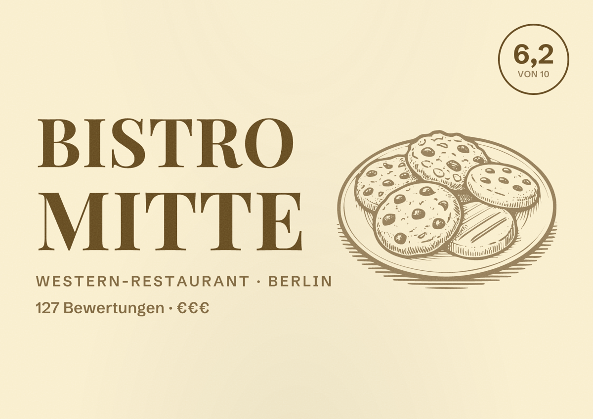Illustriertes Poster von Bistro Mitte, Western-Restaurant in Berlin: Bewertung 6,2 von 10 aus 127 Bewertungen, Preisniveau €€€