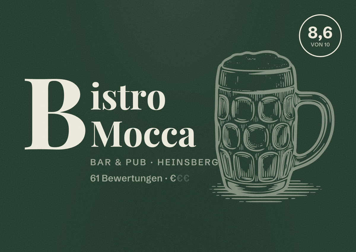 Illustriertes Poster von Bistro Mocca, Bar & Pub in Heinsberg: Bewertung 8,6 von 10 aus 61 Bewertungen, Preisniveau €