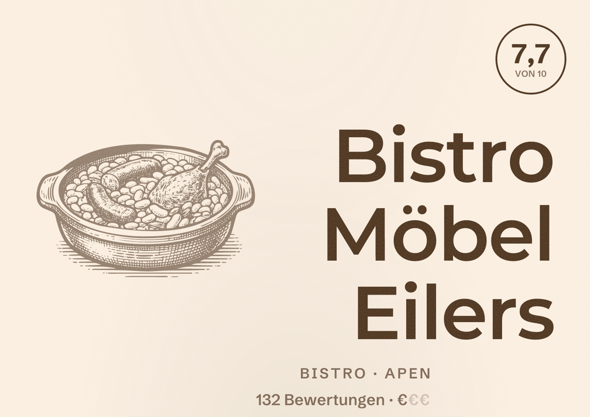 Illustriertes Poster von Bistro Möbel Eilers, Bistro in Apen: Bewertung 7,7 von 10 aus 132 Bewertungen, Preisniveau €