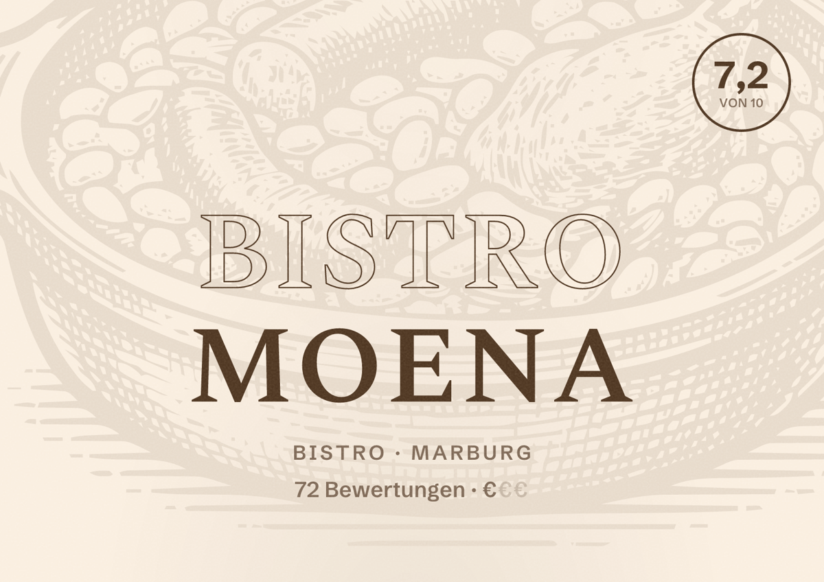 Illustriertes Poster von Bistro MOENA, Bistro in Marburg: Bewertung 7,2 von 10 aus 72 Bewertungen, Preisniveau €