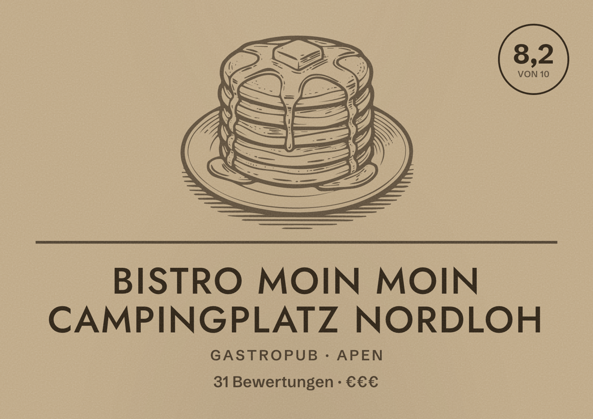 Illustriertes Poster von Bistro Moin Moin Campingplatz Nordloh, Gastropub in Apen: Bewertung 8,2 von 10 aus 31 Bewertungen, Preisniveau €€€