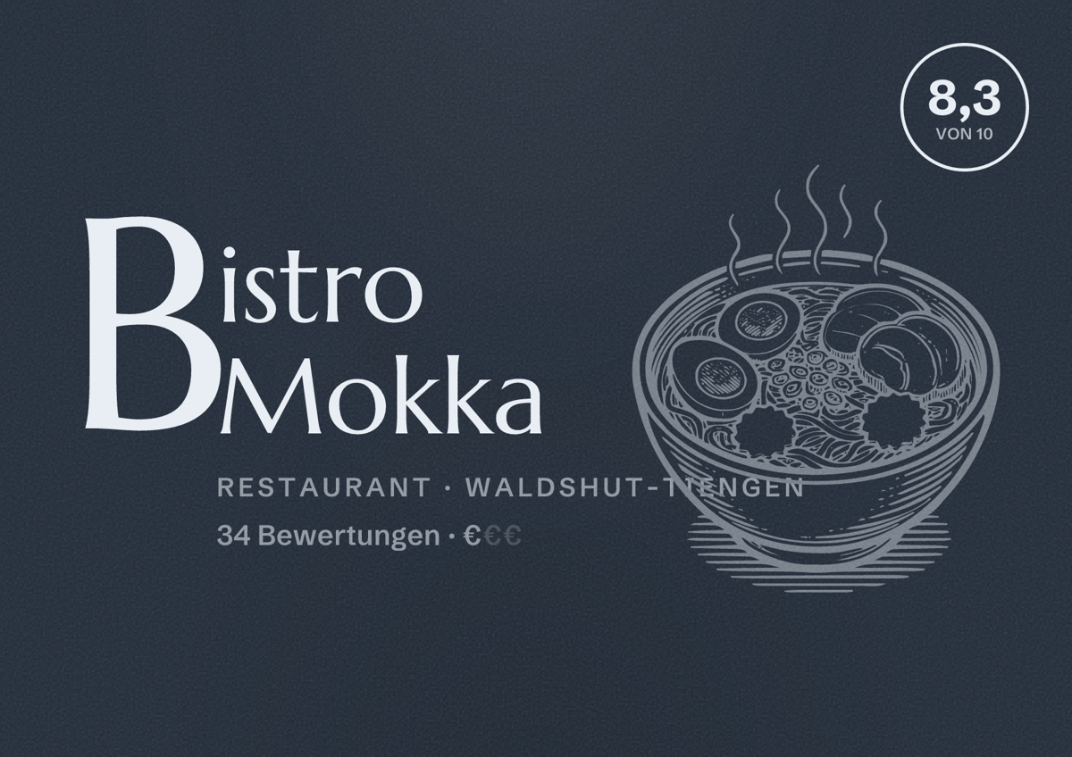 Illustriertes Poster von Bistro Mokka, Restaurant in Waldshut-Tiengen: Bewertung 8,3 von 10 aus 34 Bewertungen, Preisniveau €