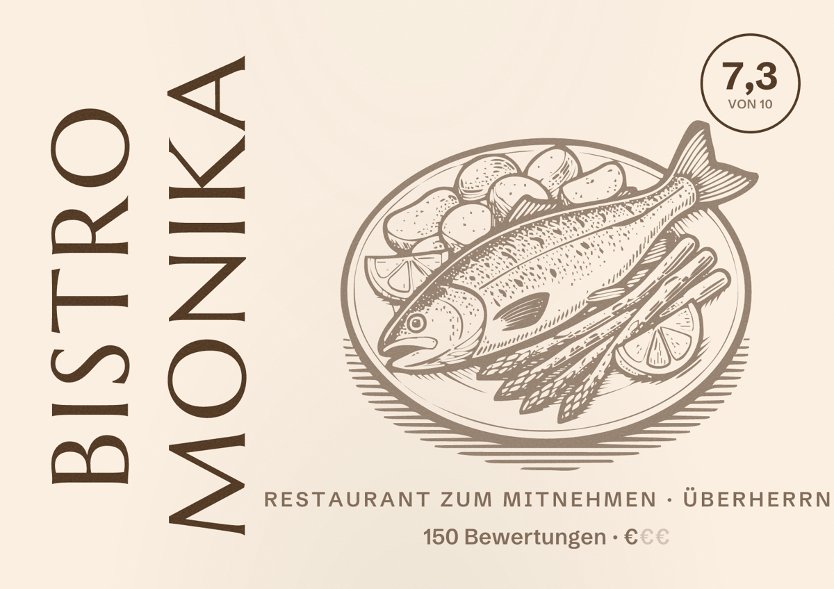 Illustriertes Poster von Bistro Monika, Restaurant zum Mitnehmen in Überherrn: Bewertung 7,3 von 10 aus 150 Bewertungen, Preisniveau €