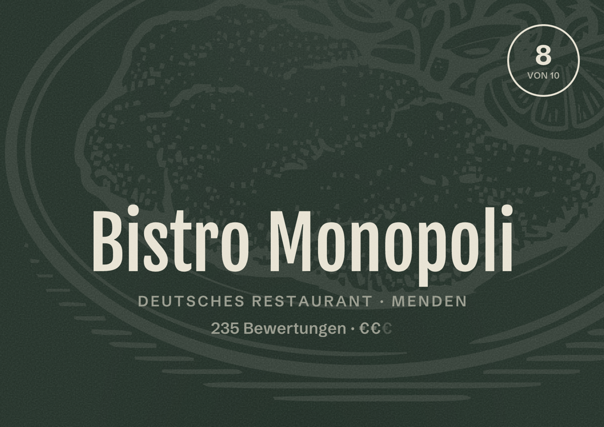 Illustriertes Poster von Bistro Monopoli, Deutsches Restaurant in Menden: Bewertung 8 von 10 aus 235 Bewertungen, Preisniveau €€