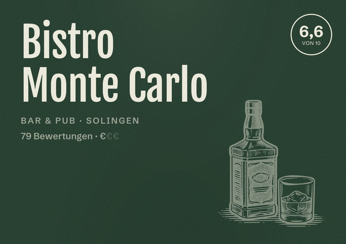 Illustriertes Poster von Bistro Monte Carlo, Bar & Pub in Solingen: Bewertung 6,6 von 10 aus 79 Bewertungen, Preisniveau €