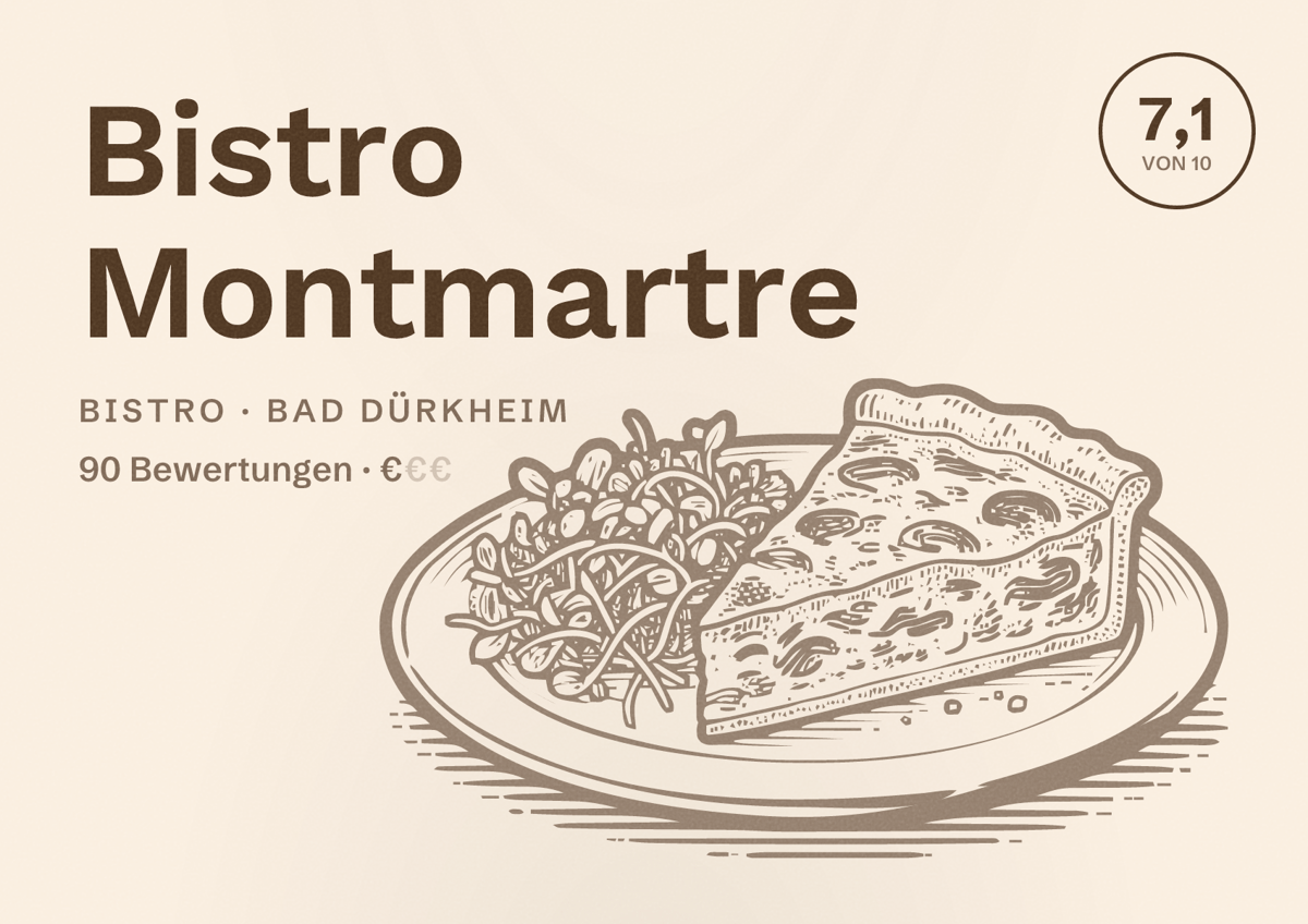 Illustriertes Poster von Bistro Montmartre, Bistro in Bad Dürkheim: Bewertung 7,1 von 10 aus 90 Bewertungen, Preisniveau €