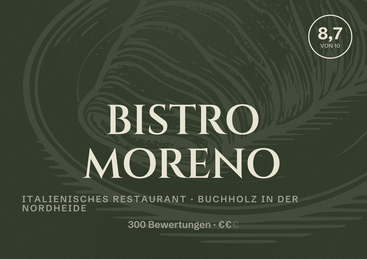 Illustriertes Poster von BISTRO MORENO, Italienisches Restaurant in Buchholz in der Nordheide: Bewertung 8,7 von 10 aus 300 Bewertungen, Preisniveau €€