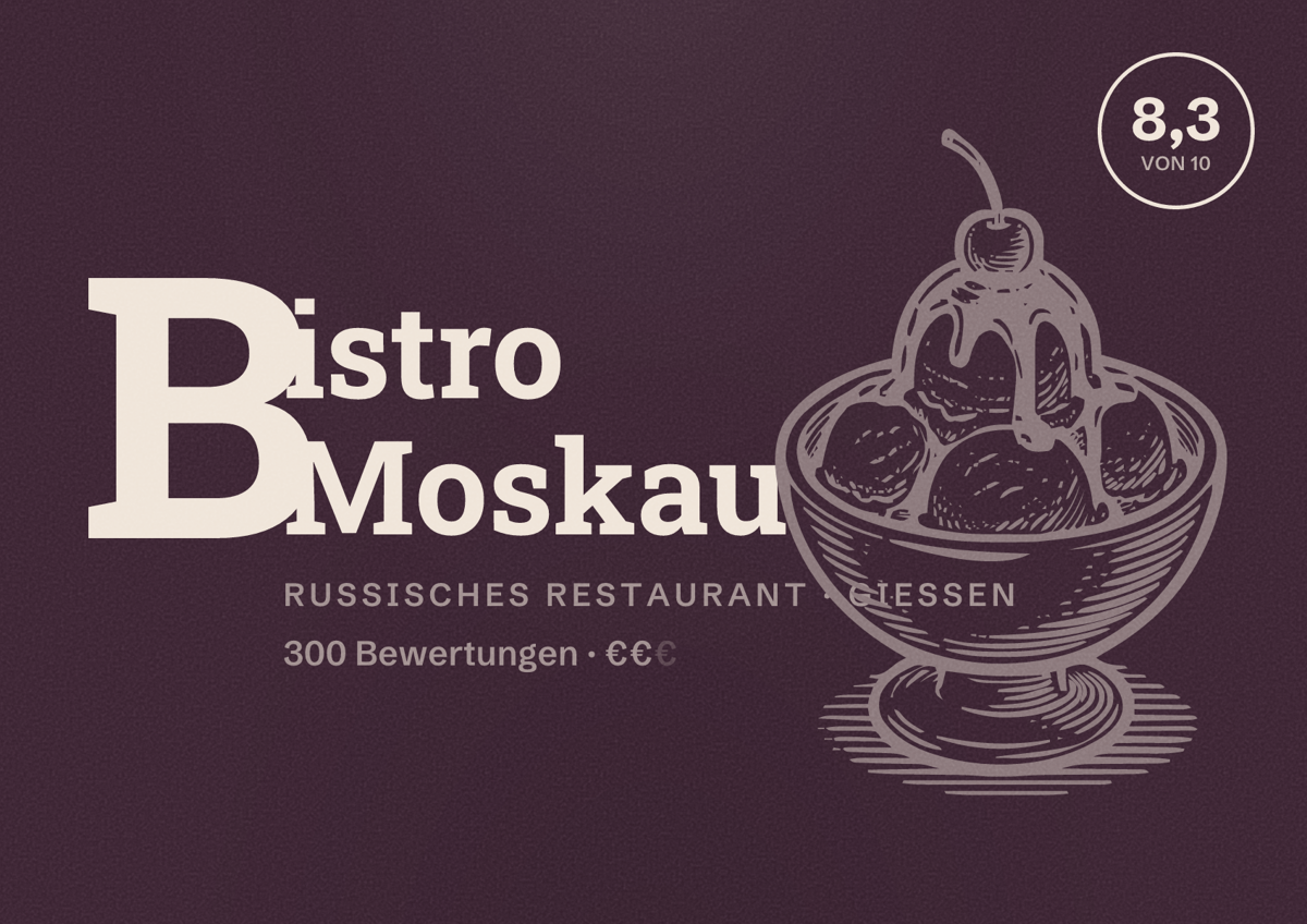 Illustriertes Poster von Bistro Moskau, Russisches Restaurant in Gießen: Bewertung 8,3 von 10 aus 300 Bewertungen, Preisniveau €€