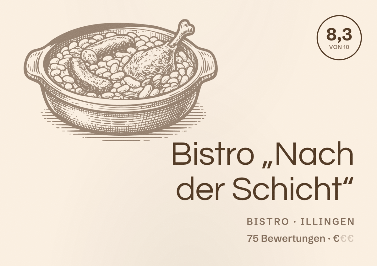 Illustriertes Poster von Bistro „Nach der Schicht“, Bistro in Illingen: Bewertung 8,3 von 10 aus 75 Bewertungen, Preisniveau €