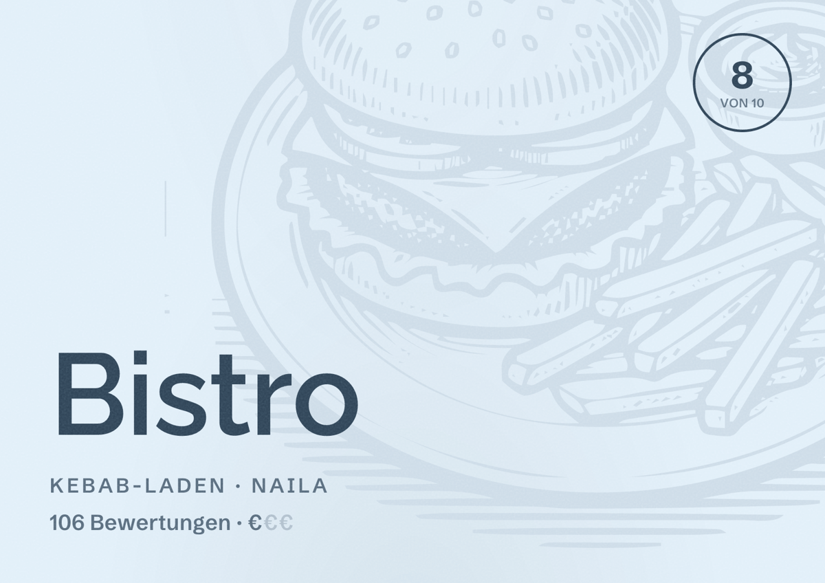 Illustriertes Poster von Bistro, Kebab-Laden in Naila: Bewertung 8 von 10 aus 106 Bewertungen, Preisniveau €