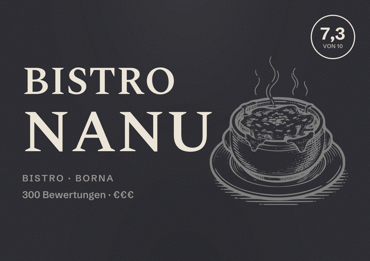 Illustriertes Poster von Bistro Nanu, Bistro in Borna: Bewertung 7,3 von 10 aus 300 Bewertungen, Preisniveau €€€