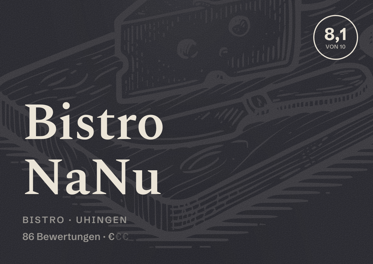 Illustriertes Poster von Bistro NaNu, Bistro in Uhingen: Bewertung 8,1 von 10 aus 86 Bewertungen, Preisniveau €