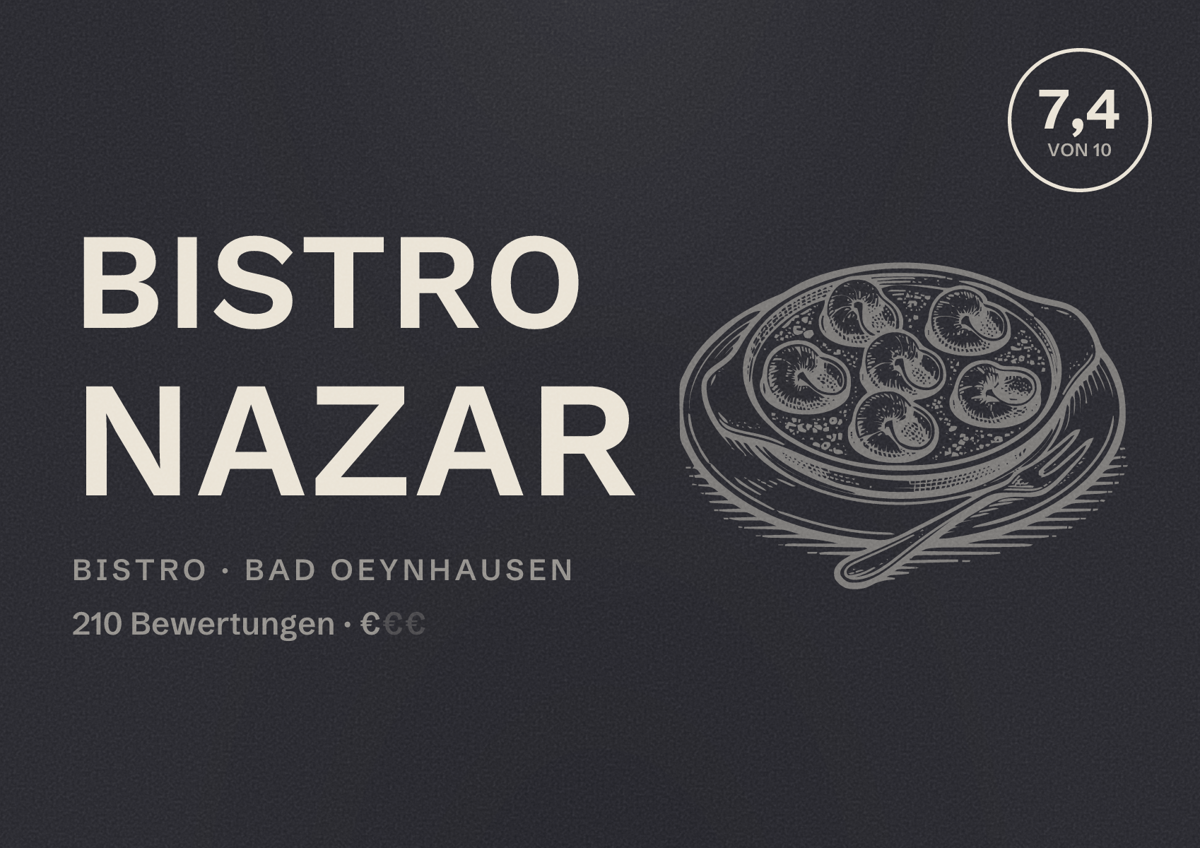 Illustriertes Poster von Bistro Nazar, Bistro in Bad Oeynhausen: Bewertung 7,4 von 10 aus 210 Bewertungen, Preisniveau €