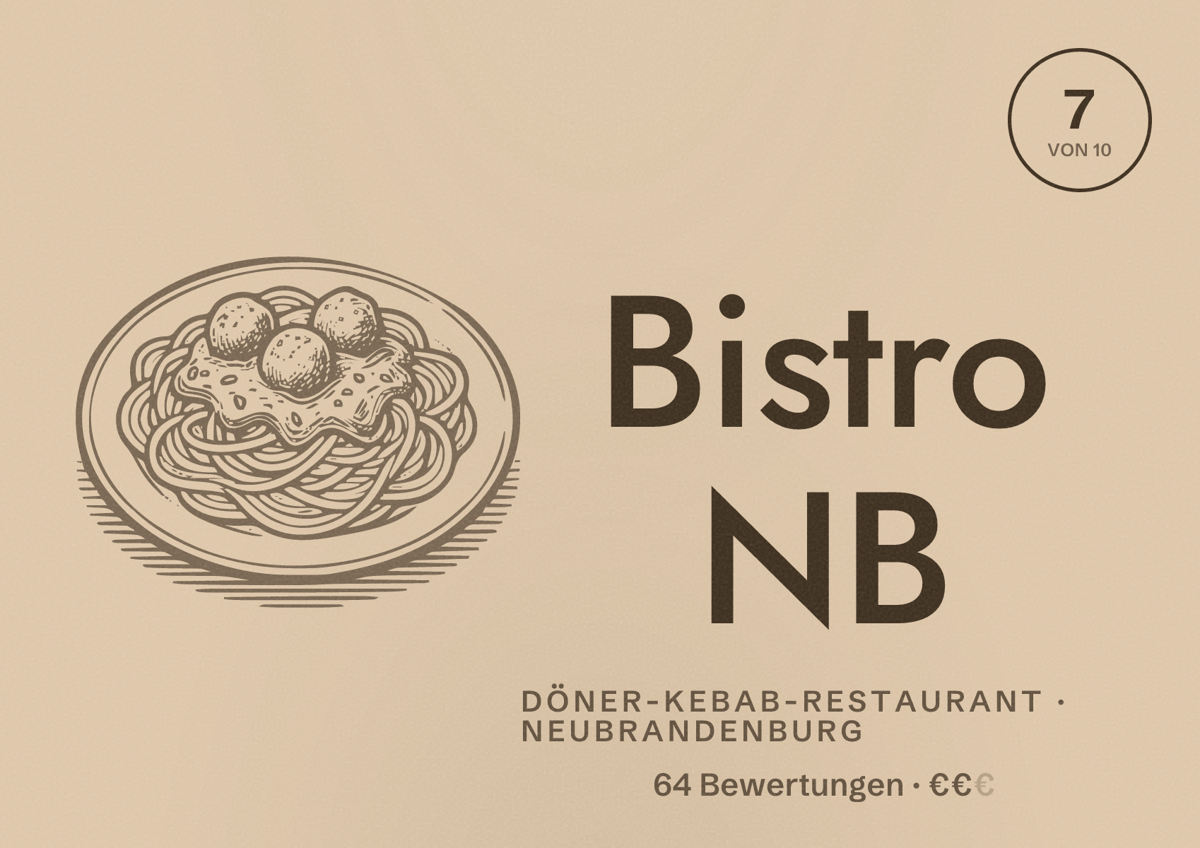 Illustriertes Poster von Bistro NB, Döner-Kebab-Restaurant in Neubrandenburg: Bewertung 7 von 10 aus 64 Bewertungen, Preisniveau €€