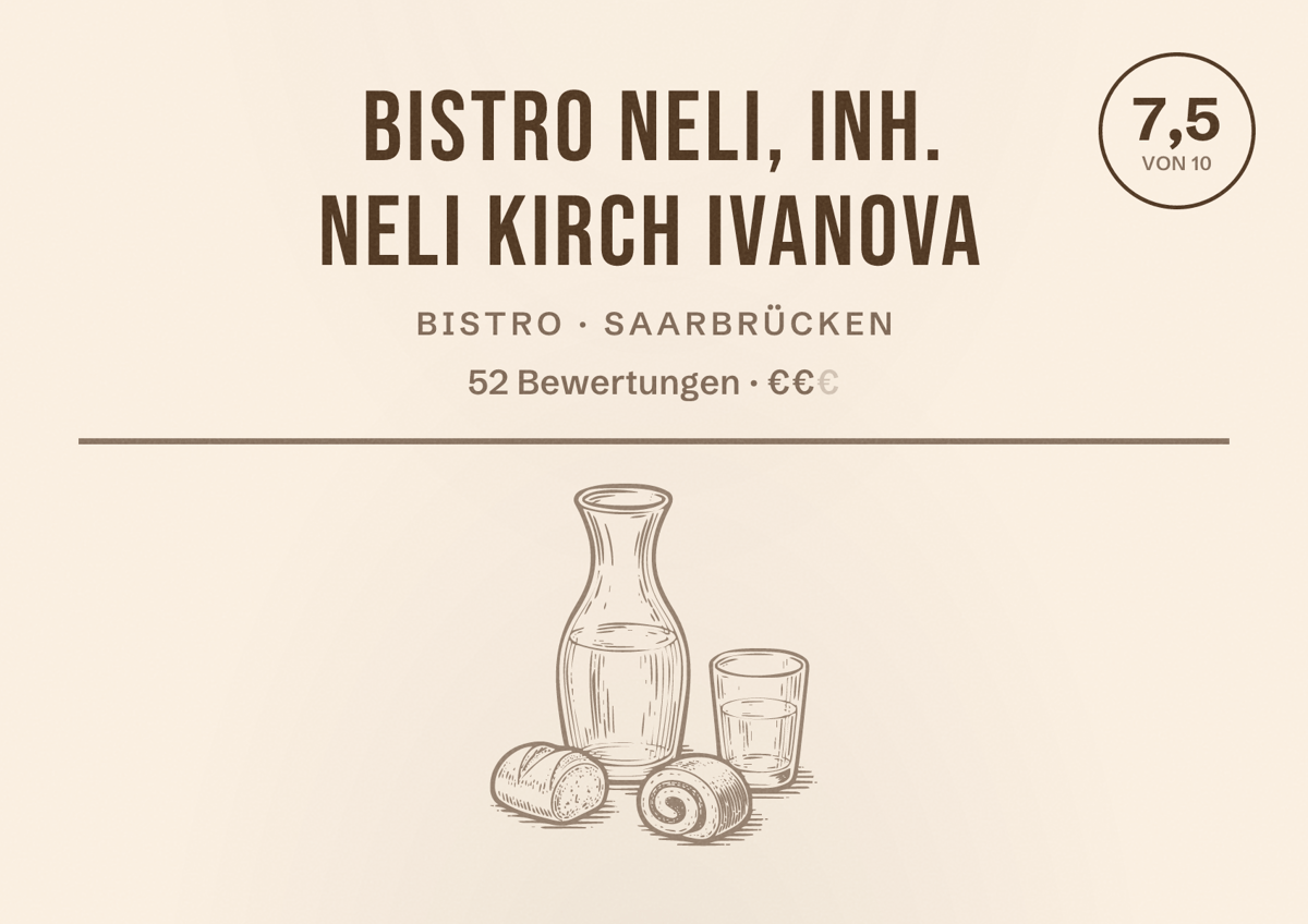 Illustriertes Poster von Bistro NELI, Inh. Neli Kirch Ivanova, Bistro in Saarbrücken: Bewertung 7,5 von 10 aus 52 Bewertungen, Preisniveau €€
