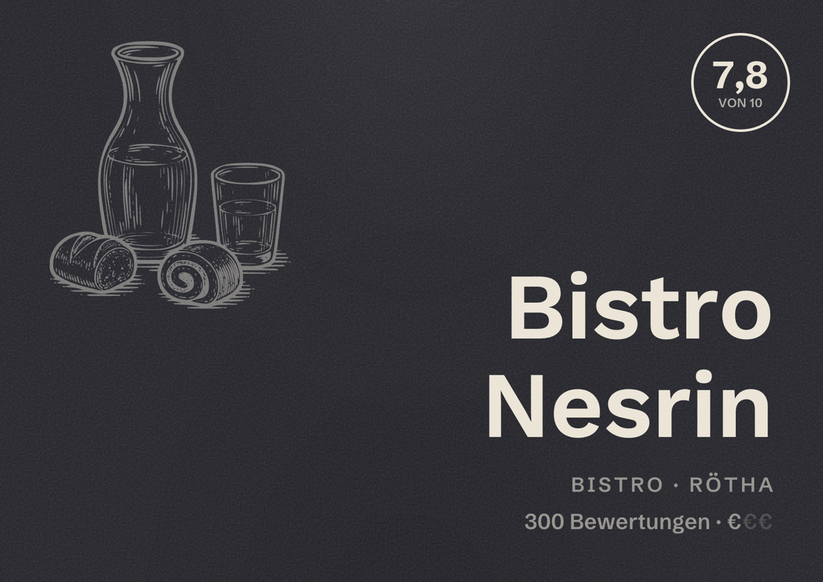Illustriertes Poster von Bistro Nesrin, Bistro in Rötha: Bewertung 7,8 von 10 aus 300 Bewertungen, Preisniveau €