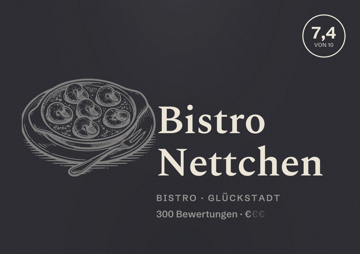 Illustriertes Poster von Bistro Nettchen, Bistro in Glückstadt: Bewertung 7,4 von 10 aus 300 Bewertungen, Preisniveau €
