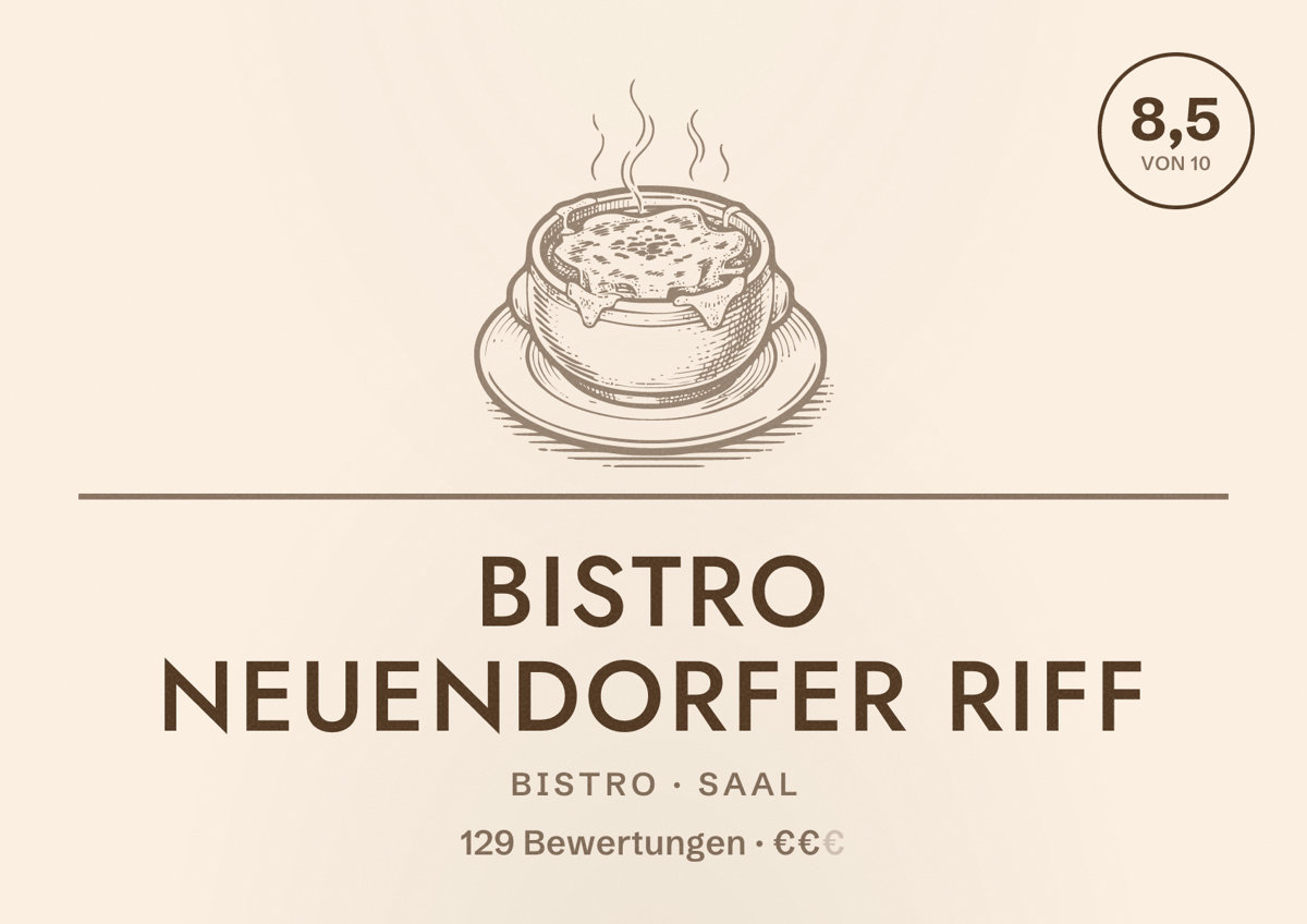 Illustriertes Poster von Bistro Neuendorfer Riff, Bistro in Saal: Bewertung 8,5 von 10 aus 129 Bewertungen, Preisniveau €€