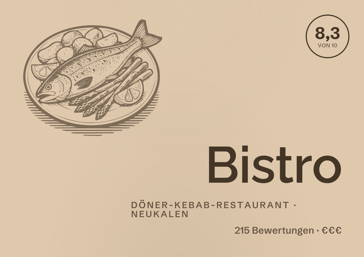 Illustriertes Poster von Bistro, Döner-Kebab-Restaurant in Neukalen: Bewertung 8,3 von 10 aus 215 Bewertungen, Preisniveau €€€