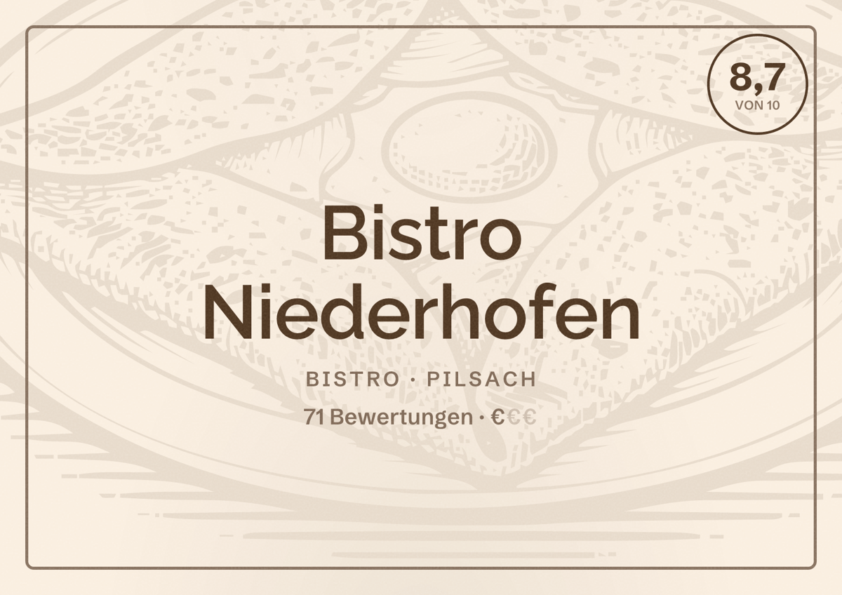 Illustriertes Poster von Bistro Niederhofen, Bistro in Pilsach: Bewertung 8,7 von 10 aus 71 Bewertungen, Preisniveau €