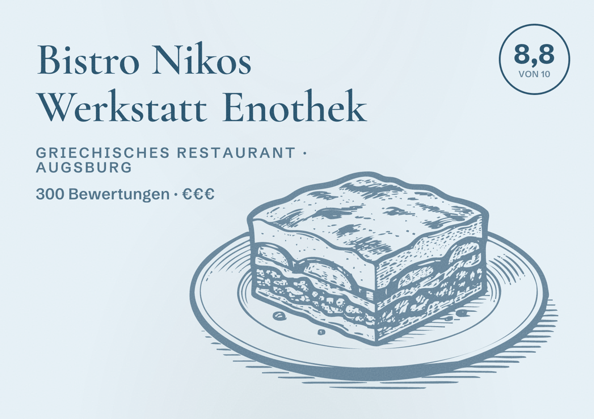 Illustriertes Poster von Bistro Nikos Werkstatt Enothek, Griechisches Restaurant in Augsburg: Bewertung 8,8 von 10 aus 300 Bewertungen, Preisniveau €€€