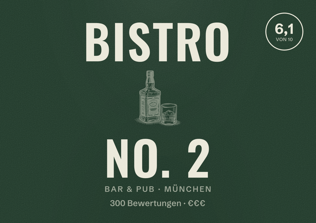 Illustriertes Poster von Bistro No. 2, Bar & Pub in München: Bewertung 6,1 von 10 aus 300 Bewertungen, Preisniveau €€€